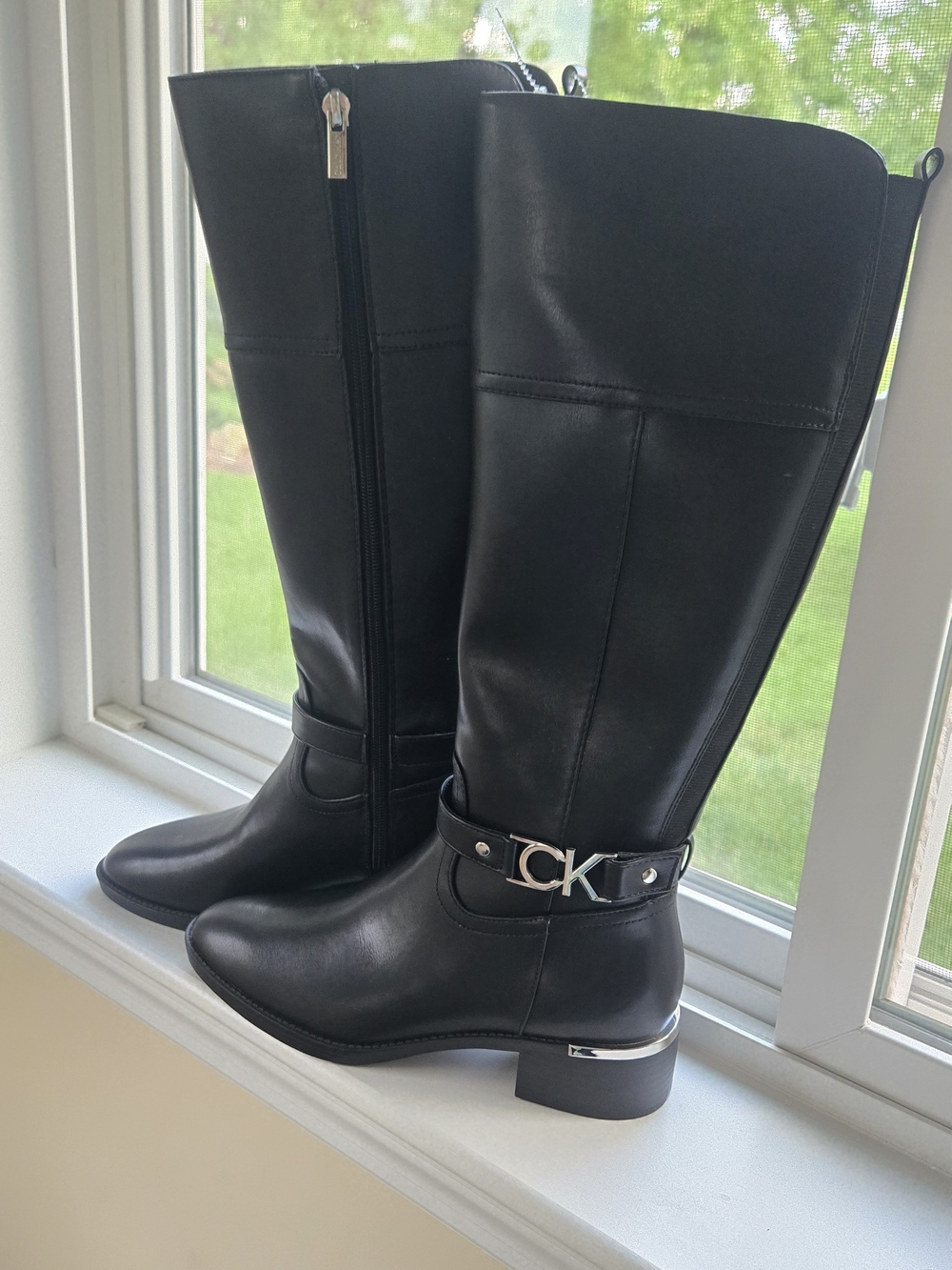 Calvin Klein Black Leather Knee Boots with CK Buckle